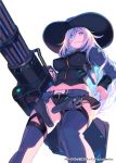  1girl belt blue_eyes breasts covered_nipples cowboy_hat grin gun handgun hat holding holding_gun holding_weapon holster long_hair looking_at_viewer looking_down midriff million_chain nagisa_kurousagi official_art revolver simple_background smile solo thigh-highs weapon white_background white_hair 