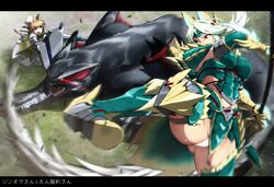  animal_ears armor blonde_hair blurry cat_ears depth_of_field green_eyes ikeshita_moyuko long_hair monster_hunter monster_hunter_x nargacuga nekojo panties pointy_ears polearm rathian_(armor) shield spear sword translation_request underwear weapon zinogre_(armor) 