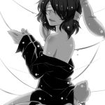  animal_ears back bare_shoulders blindfold bunny_tail cover covered_eyes endwhite inaba_tewi monochrome off_shoulder rabbit_ears shirt short_hair sitting solo tail touhou 