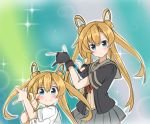  2girls abukuma_(kantai_collection) aqua_eyes atsushi_(aaa-bbb) bishoujo_senshi_sailor_moon chibi_usa commentary_request dual_persona gloves kantai_collection long_hair looking_at_viewer multiple_girls orange_hair parody partly_fingerless_gloves pose remodel_(kantai_collection) sailor_moon skirt smile sparkle tsuki_ni_kawatte_oshioki_yo 