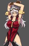  1girl antenna_hair armlet armpits bare_shoulders blue_eyes blush breasts brown_gloves cleavage closed_mouth collar collarbone cowboy_shot fingerless_gloves frown gloves goggles goggles_on_head grey_background hair_between_eyes hips large_breasts long_hair looking_at_viewer negresco project_x_zone_2 robe shiny shiny_skin sideboob silver_hair simple_background solo standing thighs urashima_chizuru 