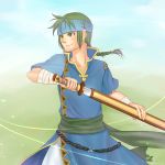  1boy bandages braid earrings fire_emblem fire_emblem:_rekka_no_ken green_eyes green_hair guy_(fire_emblem) headband highres jewelry karinosuke long_hair single_braid solo sword weapon 