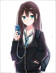  1girl blush brown_hair cardigan digital_media_player earphones earrings green_eyes hand_in_pocket highres idolmaster idolmaster_cinderella_girls ipod ipod_touch jewelry kyouki long_hair looking_at_viewer necklace necktie new_generations school_uniform shibuya_rin skirt solo 