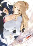  1girl akeiro_kaikitan blonde_hair breasts brown_eyes cleavage hand_on_hip katsuragi_youko kiseru kitsune long_hair looking_at_viewer obmas_(pfeito) pipe skirt smoke 