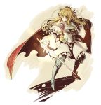  1girl armor armored_boots blonde_hair boots braid cape crown gauntlets green_eyes highres long_hair senkyoushi_gondolf shield solo sword weapon 