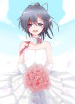  1girl :d absurdres artist_request bare_shoulders black_hair blue_eyes blue_sky bouquet burn_scar clouds dorei_to_no_seikatsu_~teaching_feeling~ dress flower gloves hair_ornament hair_ribbon hairclip happy highres looking_at_viewer open_mouth ponytail ribbon scar sky smile solo sylvie_(dorei_to_no_seikatsu) translated wedding_dress white_dress white_gloves 