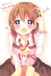  1girl apron brown_hair cake cream cream_on_face dated feeding flower food food_on_face fork fruit gochuumon_wa_usagi_desu_ka? hair_flower hair_ornament hair_tucking hairclip happy_birthday heart highres hoto_cocoa looking_at_viewer open_mouth sakuramocchi shirt short_hair simple_background skirt solo_focus strawberry teeth twitter_username violet_eyes 