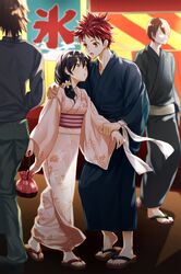  1girl 3boys couple eye_contact festival geta hand_on_another&#039;s_shoulder japanese_clothes kimono looking_at_another multiple_boys open_mouth redhead saitou_kazu shokugeki_no_souma tadokoro_megumi yellow_eyes yukata yukihira_souma 