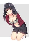  1girl black_eyes black_hair blush bow bra breasts byulzzimon cleavage highres large_breasts long_hair looking_at_viewer mole mole_on_breast mole_under_eye navel open_clothes open_mouth open_shirt original plaid plaid_bra shirt solo underwear 