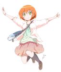  1girl absurdres artist_name bag black_legwear blouse blush bracelet brown_shoes full_body green_shirt hair_ornament hairclip handbag hayate-s highres hoshizora_rin jewelry kneehighs looking_at_viewer love_live!_school_idol_project necklace one_side_up orange_hair outstretched_arms pink_skirt plaid plaid_skirt shirt shoes short_hair signature skirt smile solo sonic sonic_the_hedgehog spread_arms strap sweater white_background yellow_eyes 