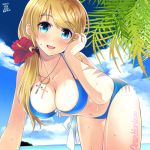  1girl 2016 :d alternate_costume bangs bent_over bikini blonde_hair blue_bikini blue_eyes blue_sky blush body_writing bow breasts cleavage clouds collarbone copyright_name cowboy_shot cross cross_necklace dated ellen_baker eyebrows eyebrows_visible_through_hair flower hair_flower hair_ornament hair_over_shoulder hair_scrunchie hibiscus large_breasts long_hair low_ponytail navel new_horizon ocean open_mouth outdoors plant ponytail red_flower scrunchie shade signature sky smile solo sparkle stomach summer swept_bangs swimsuit weshika wet white_bow 