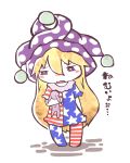  1girl american_flag_legwear american_flag_shirt arm_at_side blonde_hair blush chibi clownpiece commentary_request full_body hair_between_eyes hat highres holding jester_cap kamibukuro long_hair open_mouth short_sleeves simple_background sleepy solo standing stuffed_animal stuffed_bunny stuffed_toy tearing_up touhou translation_request very_long_hair violet_eyes wavy_mouth white_background 