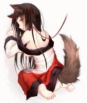  1girl animal_ears ass bare_shoulders barefoot breasts brown_eyes brown_hair collar downblouse efe fang imaizumi_kagerou large_breasts leash long_hair long_sleeves looking_at_viewer looking_back no_bra off_shoulder open_mouth seiza shirt sideboob simple_background sitting skirt solo tail touhou very_long_hair white_background wide_sleeves wolf_ears wolf_tail 