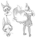  1girl :d ^_^ animal_ears bare_shoulders bush closed_eyes detached_sleeves dress embarrassed expressions finger_to_mouth fox_ears fox_tail from_behind headdress highres looking_back monochrome monorus motion_lines multiple_views open_mouth original puffy_short_sleeves puffy_sleeves short_hair short_sleeves slit_pupils smile tail tail_wagging 