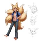  1girl animal_ears backpack bag ball_gag barefoot blonde_hair blue_eyes expressions fox_ears fox_tail full_body furrowed_eyebrows gag groin hands_on_hips highres less looking_at_viewer multiple_tails multiple_views navel no_bra no_panties open_clothes open_shirt original pants sharp_toenails shirt small_breasts tail tan tanline teeth 