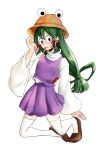  1girl absurdres asui_tsuyu black_eyes boku_no_hero_academia frog_girl green_hair hair_ribbon hat highres long_hair long_sleeves long_tongue marimari_2043 moriya_suwako moriya_suwako_(cosplay) ribbon tongue tongue_out touhou white_legwear 