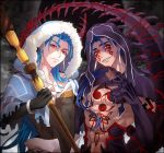  2boys black_gloves blue_hair claws cu_chulainn_(fate/grand_order) cu_chulainn_alter_(fate/grand_order) dual_persona earrings fate/grand_order fate_(series) fingerless_gloves gloves grin highres jewelry lancer long_hair looking_at_viewer male_focus mayuki_(ubiquitous) multiple_boys ponytail red_eyes sharp_teeth shirtless smile staff tattoo teeth upper_body 