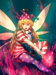  1girl american_flag_legwear american_flag_shirt bangs blonde_hair breasts clownpiece collar commentary_request fairy_wings fang fire frilled_collar frills hat highres jester_cap large_breasts long_hair looking_at_viewer no_hat open_mouth pantyhose polka_dot red_eyes revision shirt simple_background sitting solo star striped temmasa22 torch touhou very_long_hair wings 