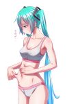  1girl aqua_eyes aqua_hair belly_grab bra flab hatsune_miku long_hair navel pinching solo sports_bra twintails underwear very_long_hair vocaloid weight_conscious wokada 