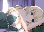  1girl atago_(kantai_collection) babydoll bare_shoulders blonde_hair blush breasts green_eyes kantai_collection large_breasts lingerie long_hair looking_at_viewer lying on_side rocha_(artist) smile solo underwear 