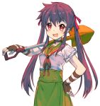  1girl :d black_ribbon blush ebisuzawa_kurumi fang gakkou_gurashi! long_hair looking_at_viewer open_mouth pink_eyes purple_hair ribbon school_uniform serafuku shovel simple_background smile solo star taroji twintails white_background worktool 