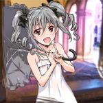  1girl :d bare_shoulders blush drill_hair highres idolmaster idolmaster_cinderella_girls kanzaki_ranko looking_at_viewer open_mouth red_eyes silver_hair smile solo suzuki24 twin_drills twintails umbrella 