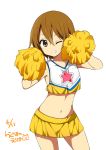  1girl arms_up blush brown_eyes brown_hair cheerleader crop_top crop_top_overhang dated grin hair_down k-on! looking_at_viewer midriff navel one_eye_closed pom_poms ragho_no_erika short_hair signature skirt smile solo tainaka_ritsu 