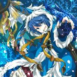  1boy blue_eyes blue_hair fingerless_gloves fur_trim gloves hood hooded_jacket jacket last_period nero_(last_period) open_mouth rito_vcld9 snowflakes staff 