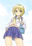  1girl bag blonde_hair from_below ichii_yui long_hair masakichi_(crossroad) navel school_uniform serafuku yellow_eyes yuyushiki 