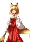  1girl animal_ears blonde_hair fox_ears fox_tail highres japanese_clothes korai looking_at_viewer miko original short_hair simple_background smile solo tail white_background 