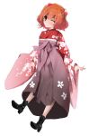  1girl alternate_costume boots cherry_blossoms cross-laced_footwear flower hair_flower hair_ornament hakama highres japanese_clothes lace-up_boots motoori_kosuzu one_eye_closed red_eyes redhead smile touhou unitsu 