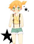  1girl angry blush denim denim_shorts green_eyes highres kasumi_(pokemon) oomuro_(omuraisu) orange_hair pokemon ponytail shorts simple_background solo star suspenders tears white_background 