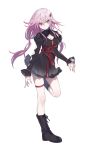  1girl absurdres boots breasts cleavage full_body guilty_crown hair_ornament hairclip highres leg_up long_hair looking_at_viewer maruchi pink_hair red_eyes skirt solo standing_on_one_leg twintails yuzuriha_inori 