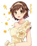  asymmetrical_clothes bare_arms bare_shoulders blush breasts brown_eyes brown_hair character_name cleavage collarbone dress earrings eyebrows eyebrows_visible_through_hair gloves honda_mio idolmaster idolmaster_cinderella_girls jewelry looking_at_viewer own_hands_together paopao round_teeth short_hair simple_background single_strap star tareme teeth tiara upper_body white_background yellow_dress yellow_gloves 