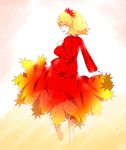  1girl :d ^_^ aki_shizuha barefoot blonde_hair closed_eyes dress from_behind hair_ornament highres leaf_hair_ornament long_sleeves open_mouth red_dress rie-co smile solo touhou 
