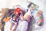  1boy adlet_myer ambermaster black_wings book hat hat_feather highres looking_at_viewer monster open_mouth red_eyes redhead rokka_no_yuusha standing teguneu white_wings wings yellow_eyes 