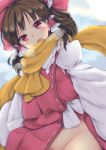  1girl blush bow breath brown_hair chikado detached_sleeves hair_bow hair_tubes hakurei_reimu looking_at_viewer no_panties open_mouth out-of-frame_censoring red_bow red_eyes ribbon_trim scarf solo touhou 