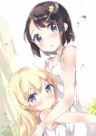  2girls black_hair blonde_hair blue_eyes blush dress gyuunyuu_nomio hair_ornament hairclip highres hug joshi_shougakusei_hajimemashita long_hair looking_at_viewer multiple_girls nono_(joshi_shougakusei_hajimemashita) open_mouth short_hair sleeveless sleeveless_dress sundress yumekawa_ruru 