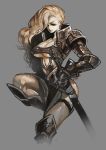  1girl ann_matsuyuki armor armored_boots blonde_hair boots breasts cleavage collarbone cowter earrings grey_background hair_over_one_eye jewelry long_hair looking_to_the_side navel sheath sheathed simple_background smile solo spaulders sword thigh-highs weapon 