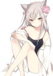  1girl :d animal_ears bare_legs bare_shoulders barefoot blush breasts camisole cat_ears cleavage closed_mouth collarbone crossed_legs eyelashes flower hair_between_eyes hair_flower hair_ornament hand_on_own_knee jacket knees_up long_hair long_sleeves lp_(hamasa00) open_clothes open_jacket open_mouth original pink_flower red_eyes silver_hair sleeveless smile solo thighs tsurime very_long_hair white_jacket 