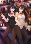  2girls :d :o animal_ears arm_grab bar bare_shoulders black-framed_glasses black_hair borrowed_character bottle bow bowtie breasts brown_hair brown_legwear bunnysuit cleavage collarbone covered_navel detached_collar fake_animal_ears glasses hairband head_tilt highres index_finger_raised indoors kazenokaze leotard long_hair looking_at_viewer multiple_girls open_mouth original pantyhose parted_lips rabbit_ears red_bow red_bowtie semi-rimless_glasses shelf skin_tight smile standing strapless strapless_leotard under-rim_glasses very_long_hair violet_eyes wine_bottle wrist_cuffs yellow_eyes 
