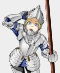  1girl :d armor blonde_hair blue_eyes buckle contrapposto facing_viewer gauntlets grey_background haku_(pixiv134425) helmet lifting_mask looking_at_viewer nail_polish open_mouth original pauldrons polearm simple_background smile solo weapon 