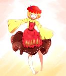  1girl :d ^_^ aki_minoriko apron barefoot blonde_hair blush brown_skirt closed_eyes floral_print food fruit grapes hat highres juliet_sleeves long_sleeves mob_cap open_mouth puffy_sleeves red_apron ribbon_trim rie-co shirt short_hair skirt smile solo touhou wide_sleeves yellow_shirt 