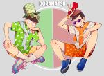  2boys beret brothers brown_hair cardigan chin_rest circle green_eyes grey_background hat heart_print highres indian_style looking_at_viewer looking_to_the_side male_focus matsuno_choromatsu matsuno_osomatsu multiple_boys o2_(o2mm) osomatsu-kun osomatsu-san patterned_clothing red_eyes script shoes short_sleeves shutter_shades siblings simple_background sitting smile sneakers socks sunglasses top_hat v watch watch 