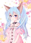  1girl animal_ears bare_shoulders blue_eyes blue_hair dog_ears dress elin_(tera) long_hair pink_dress smile solo tera_online twintails upper_body white_background 