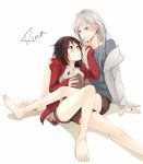  2girls artist_name barefoot blue_eyes blush book brown_hair commentary earphones gradient_hair jacket jewelry kuma_(bloodycolor) multicolored_hair multiple_girls necklace redhead ring ruby_rose rwby scar scar_across_eye shared_earphones sitting weiss_schnee white_hair yuri 