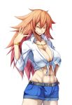  1girl breasts brown_hair cleavage denim denim_shorts dream_demon gradient_hair jewelry large_breasts long_hair multicolored_hair muscle necklace original pink_hair ring shorts solo teeth yellow_eyes 