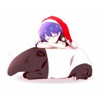  1girl animal blue_hair closed_eyes crossed_arms doremy_sweet hat highres hooves nightcap on_animal pom_pom_(clothes) red_hat rie-co short_sleeves simple_background sleeping tapir touhou white_background 