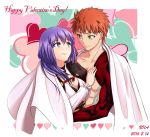  1boy 1girl 2016 abs artist_name breasts cape cleavage dated emiya_shirou fate/grand_order fate_(series) happy_valentine heart heart_background igote imaginary_around limited/zero_over looking_at_another matou_sakura orange_hair purple_hair rna_(angel-smelter) shirtless short_hair smile tattoo violet_eyes yellow_eyes 