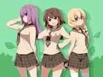  3girls akata_itsuki blonde_hair brown_eyes brown_hair glasses hayama_teru highres multiple_girls nishikawa_youko odagiri_futaba purple_hair sansha_sanyou school_uniform serafuku short_hair violet_eyes 